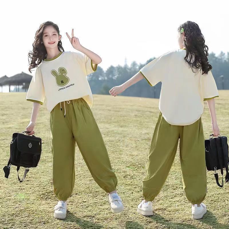Girls Summer Fashion Sports suit 2025 New Western Style Fashionable Big Children's Fashionable Short Sleeve Pants Two-piece Set