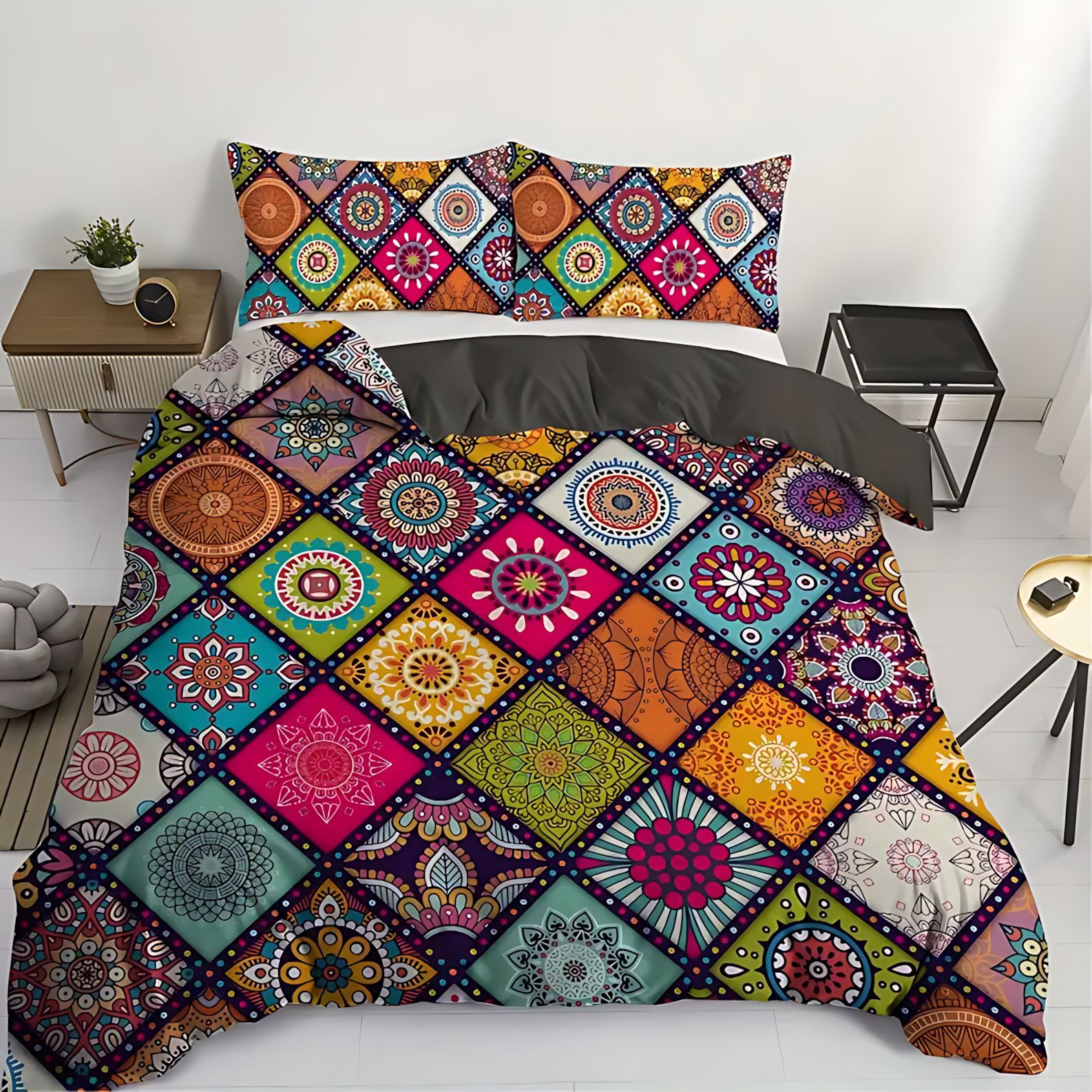 TEMU / JIT estilo bohemio de color cuadrícula 3D impresión digital abrasión colcha de colcha Kit