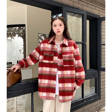 2024春季新款韩系慵懒风及时粗呢红色格子中长长袖夹克开衫外套女