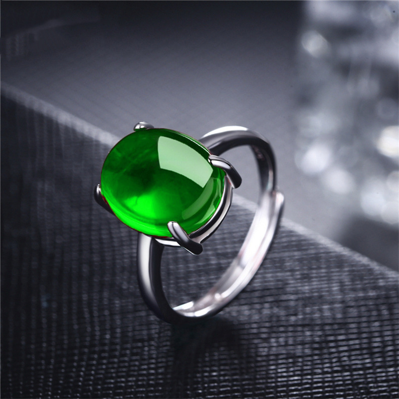 仿和田玉戒指碧玉菠菜绿玉石女925镶嵌可调节指环绿冰种宝石