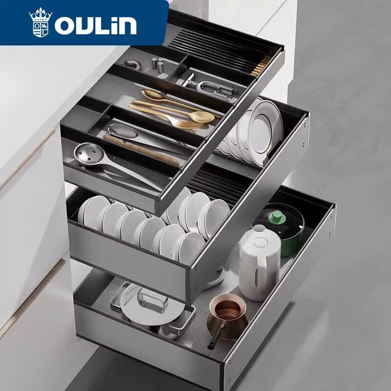 [Big Brand Replacement] Pull Basket Kitchen Cabinet Double-Layer Dish Basket Space Aluminum Pot Basket Kitchen Cabinet Tableware Storage Basket