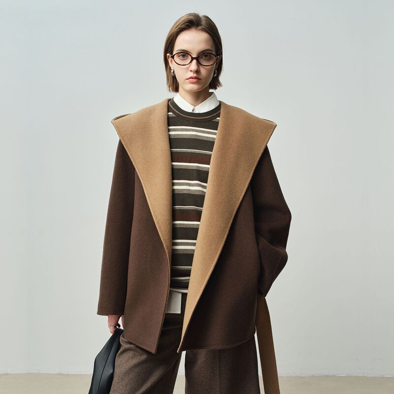 [Ben Chu] Double-Sided Two-Color Hooded Woolen Outwear for Women, Small Autumn and Winter Contrasting Color Loose Bathrobe Cashmere Outwear