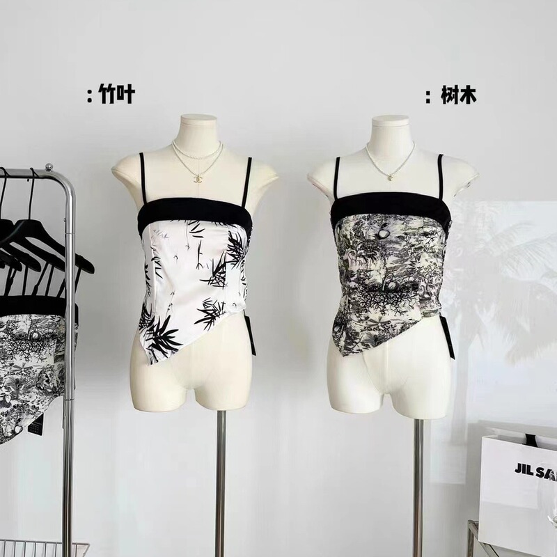 新中国式レトロな水墨画のストラップの小さいベストの女性の夏の純欲の甘いギャルの不規則な短いタイプは胸の上着を拭きます。|undefined