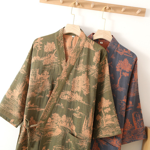 Pajamas Men's Nightgown Pure Cotton Gauze Men's Bathrobe Coat Spring Summer Autumn Kimono Cotton Long Nightgown