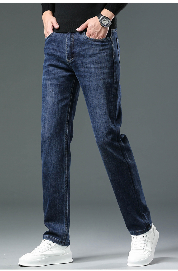 Jeans casual, gamba dritta elastica a vita alta, uomo di mezza età blu spesso autunno e inverno, senza affari di ferro_voghion.com