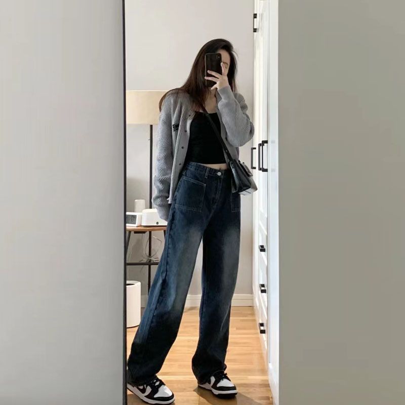 Japanese-Style Lazy Outfit Autumn New Gray Knit Sweater Jacket Retro Jeans Hot Girl Outfit Set