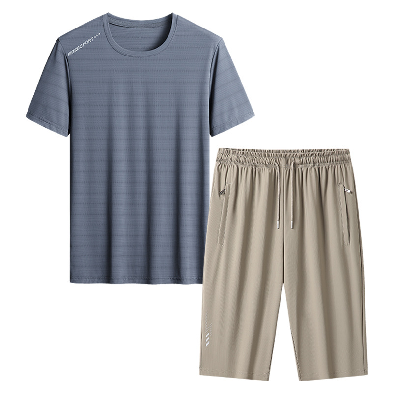 Papa de tamaño extra, traje de verano para hombres, hielo, secado rápido, pantalones de manga corta, de mediana edad, deportivo, ocio, dos piezas