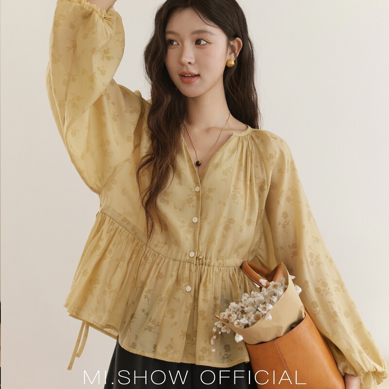 Yellow Dark Pattern Printed Shirt for Women 2025 Autumn New Style Lantern Sleeves Drawstring Waist Lace Trim Top