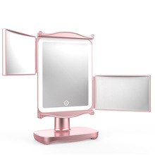 led三折鏡帶燈折疊梳妝鏡台式化妝鏡2X3X放大鏡化妝鏡便觸摸燈泡