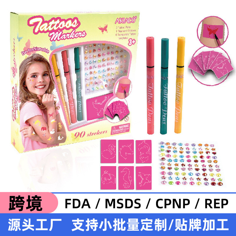 Children's DIY Tattoo Sticker Set Customized Overseas Processing Cartoon Kids Tattoo Printing Sticker 3-Color Tattoo Pen