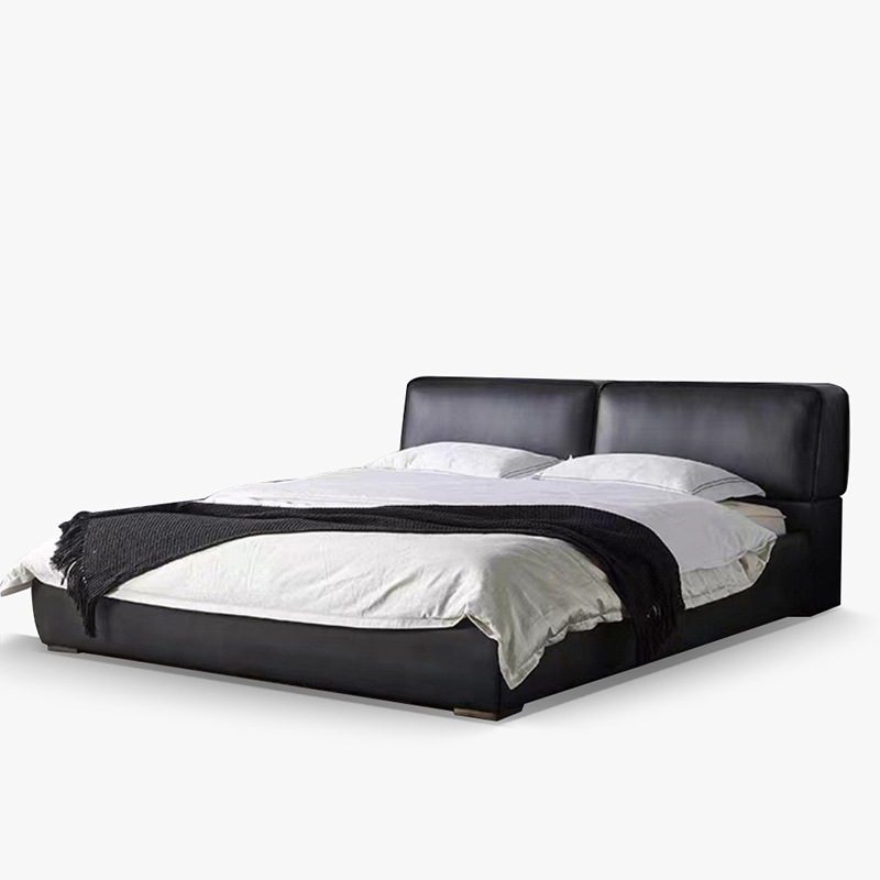 Summer Grand Black Ox Leather Bed, Italian Minimalist Designer, Medium Thick Green Leather, Master Bedroom Double 1.8-meter Leather Bed