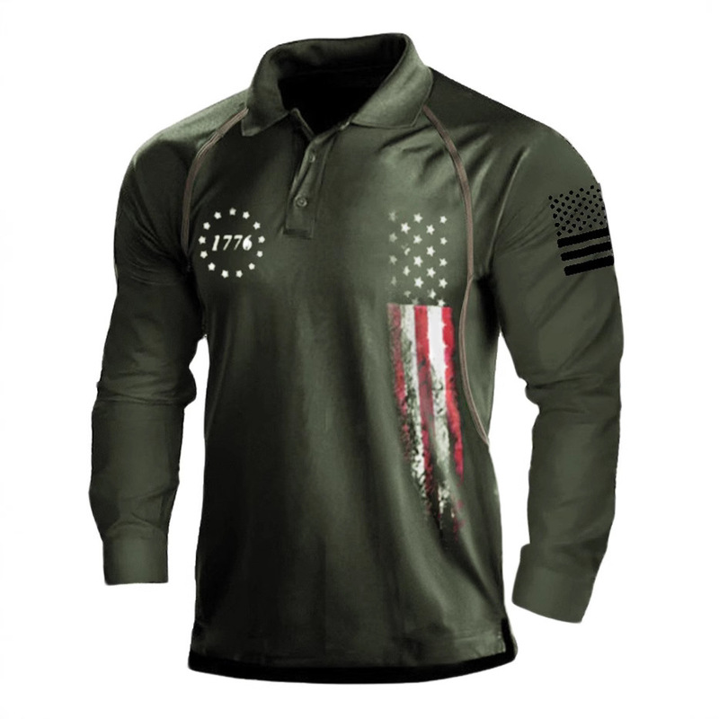 Spring and Autum Cross-Border European Size Men's 1776 Independence Day American Flag Pattern 3D Printed Long-Sleeved Polo Shirt Spring and Autum Cross-Border European Size Men's 1776 Independence Day American Flag Pattern 3D Printed Long-Sleeved Polo Shirt