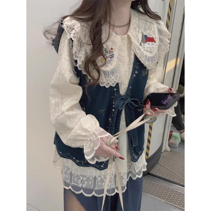 春季洋气搭配套装女2025新款时尚娃娃领上衣外穿马甲休闲裤三件套|undefined