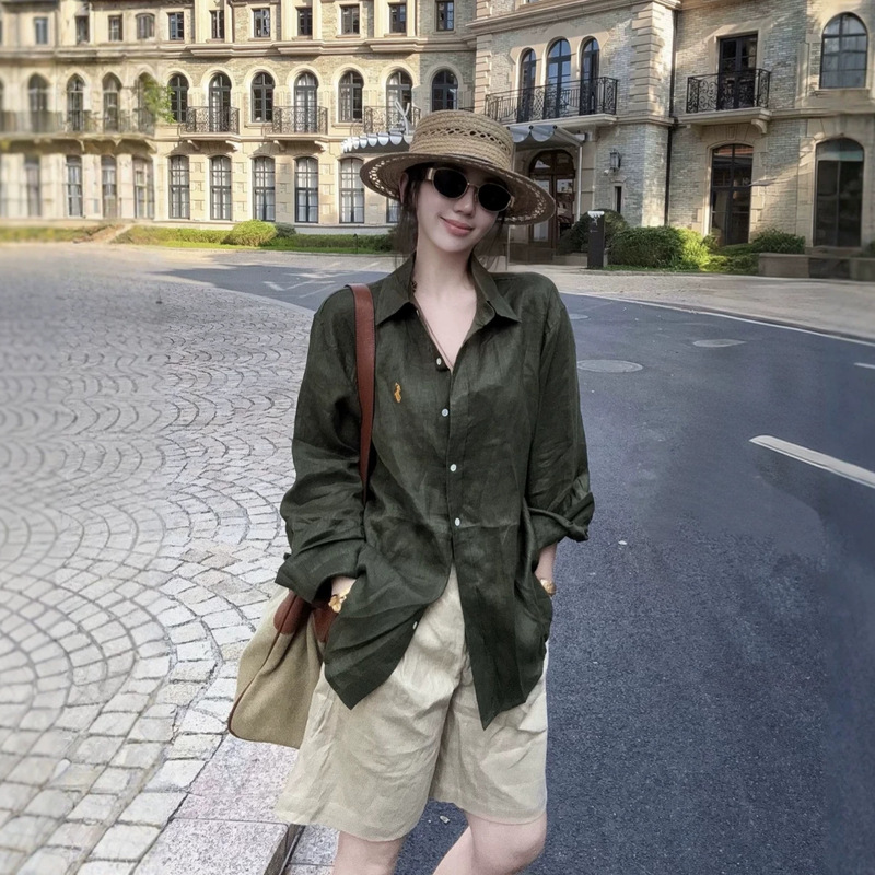 [Original label, scan to verify authenticity] Ralph Lauren shirt, 100% linen, with a small pony logo embroidered on it, long-sleeved, women's