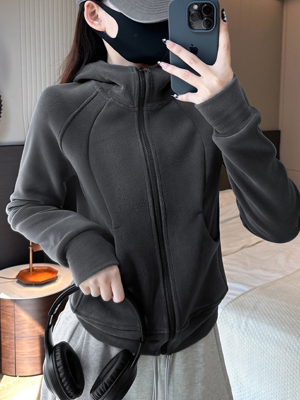 连帽卫衣加厚加绒摇粒绒外套女春秋冬季开衫修身瑜伽服运动上衣|undefined
