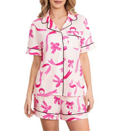 2025夏天睡衣女开衫短袖纯棉 跨境外贸蝴蝶结款 套头家居服两件套