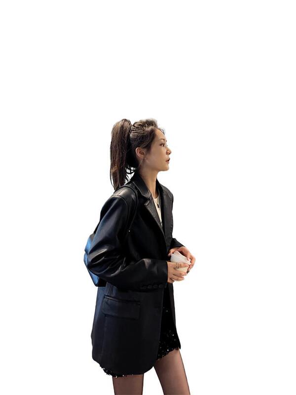 皮衣女黑色西装皮衣外套酷飒2025秋季新款女装感皮夹克小个子百搭|undefined