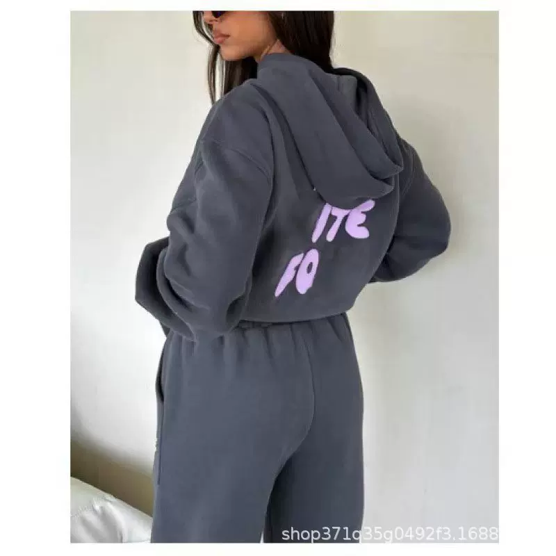 25新款字母LOGO加绒连帽套头卫衣长裤跨境欧美女士休闲运动两件套