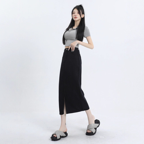 Small man with split front, high waist half-body denim dress, women's spring and autumn new style, light blue slimming bag, hip A-line middle and long skirt