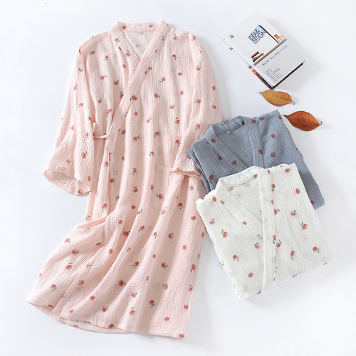 Japanese kimono nightgown for women pure cotton crepe gauze pajamas and style bathrobe steaming home clothes spring and summer thin bathrobe