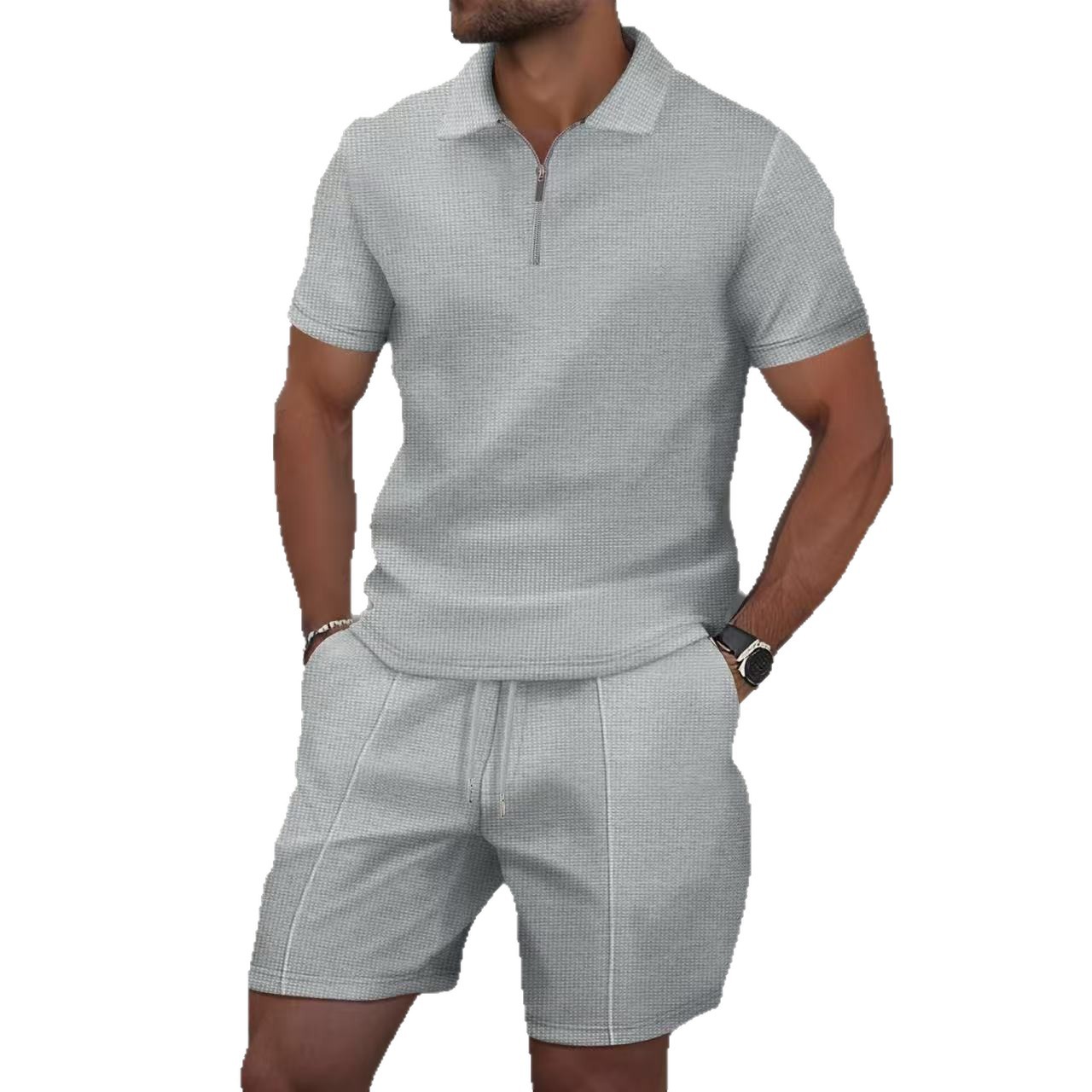 Camisas de polo, camisetas de manga corta, pantalones cortos de hombre, mitad de cremallera, con la solapa de waffle, un conjunto completo de fábrica transfronteriza de verano al por mayor