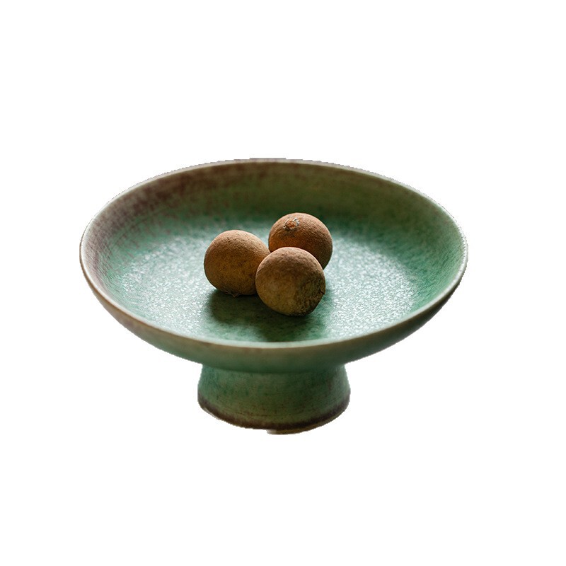 日式手工绿色窑变陶瓷茶点盘陶瓷小果盘糕点复古高足零食盘托盘|undefined