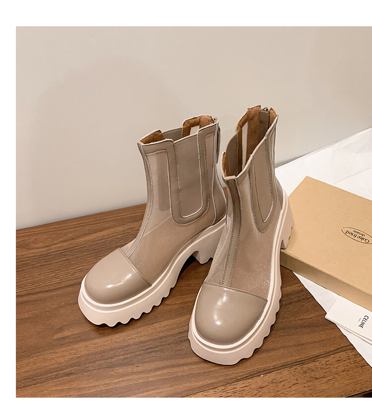 Boot ngắn nữ da bò mũi tròn đế dày thoáng khí khóa kéo sau — Màu đen, Màu mơ chi tiết 75