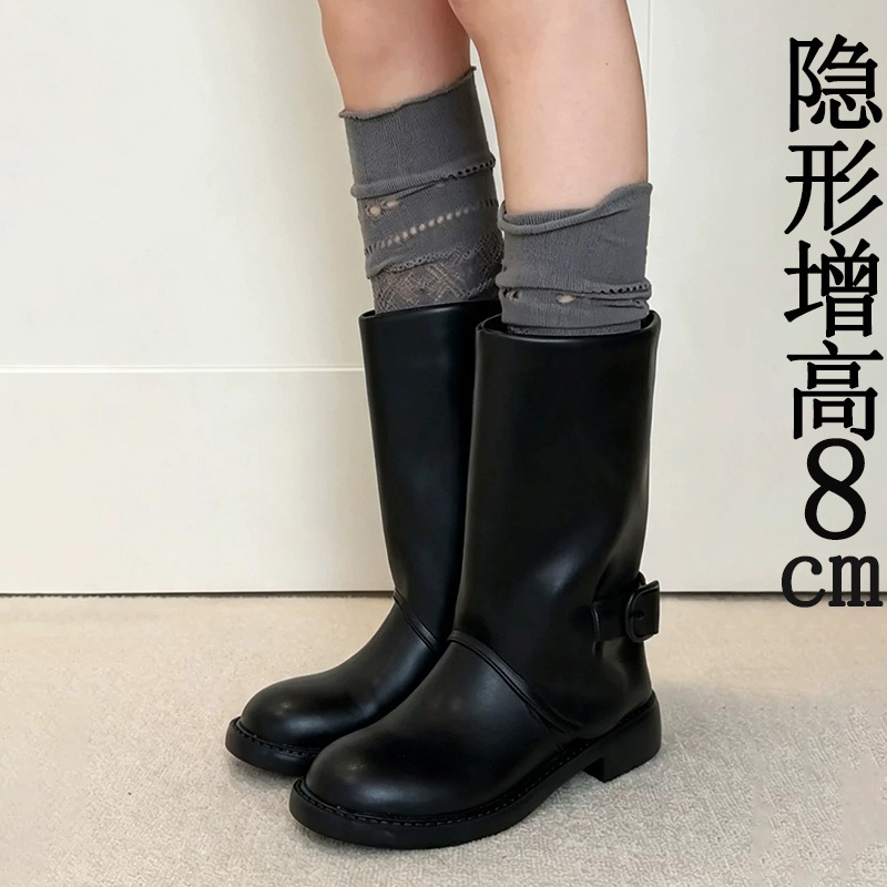 Sheepskin version~Belt buckle mid-calf knight boots, thick-soled Martin boots for women, chunky heel motorcycle short boots, western cowboy boots