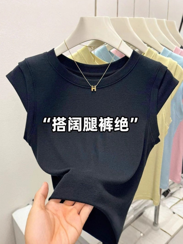 正肩夏季2025新款圆领无袖短袖T恤设计感小众修身飞飞袖短款上衣|undefined