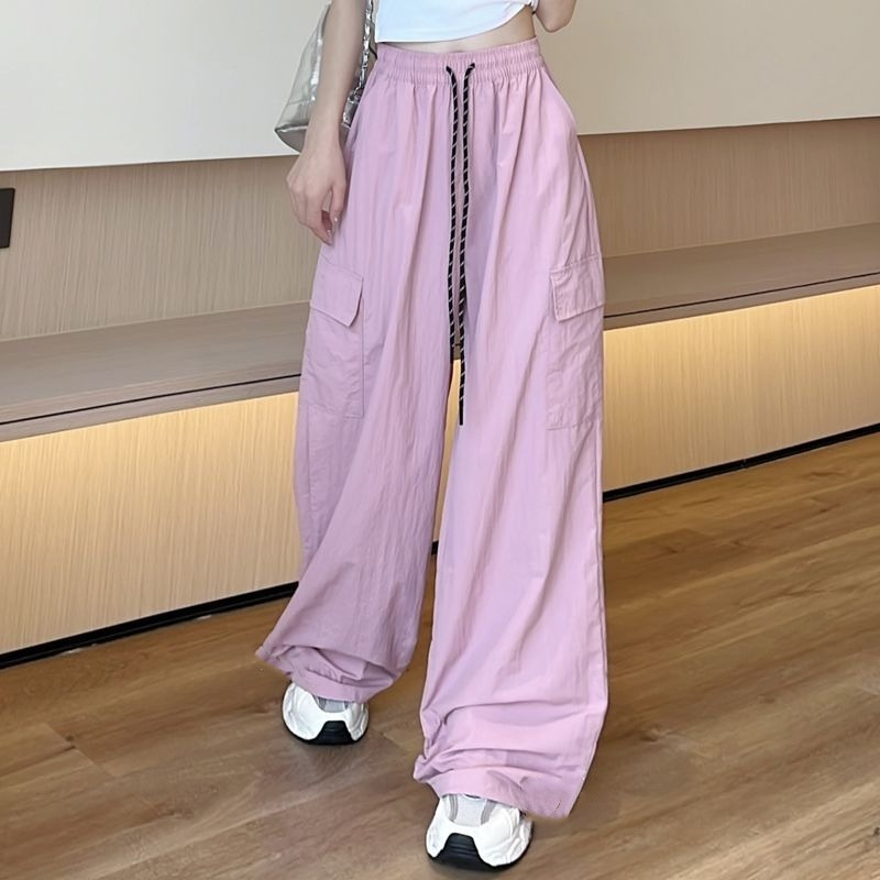 粉色工装裤女春夏秋2025新款高腰垂感降落伞速干休闲阔腿美式运动|undefined