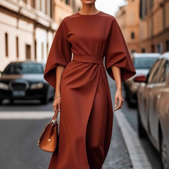 2025外国貿易の婦人服欧米の越境ファッションの気質の優雅な純色の腰のワンピースのカジュアルなコウモリの袖の長いスカート