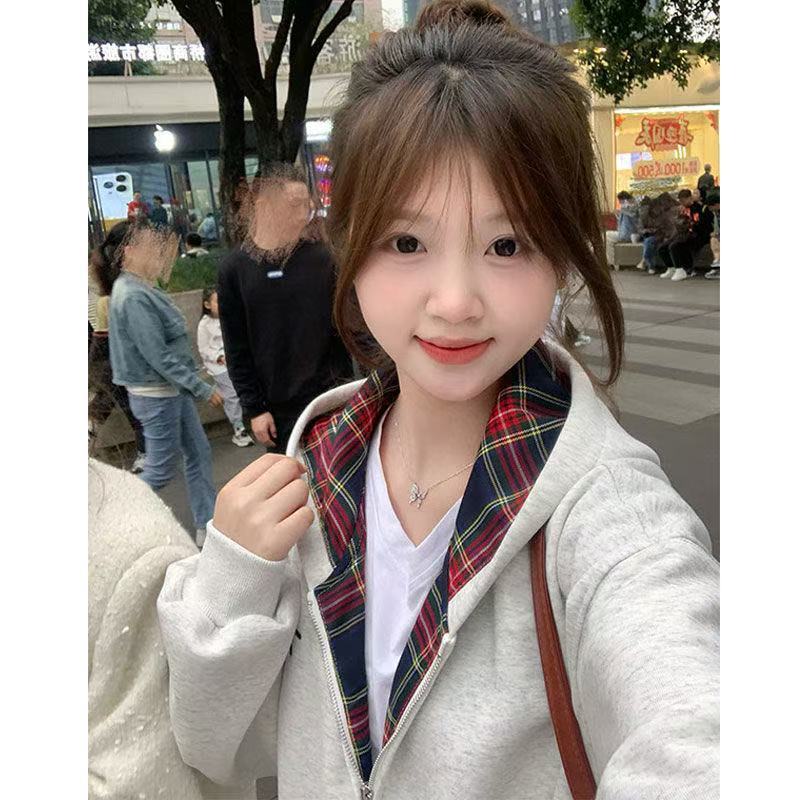 美式灰色连帽卫衣外套女秋冬新款宽松慵懒风撞色格子拼接拉链开衫|undefined