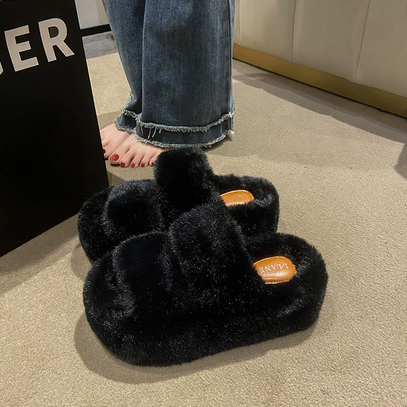 Осенне-зимние толстая подошва 7 см Внешняя торговля Большие размеры тапочки Мао женские 2023 Новые Внутренние Флисовые Тапочки Joker Net красные Тапочки Мао