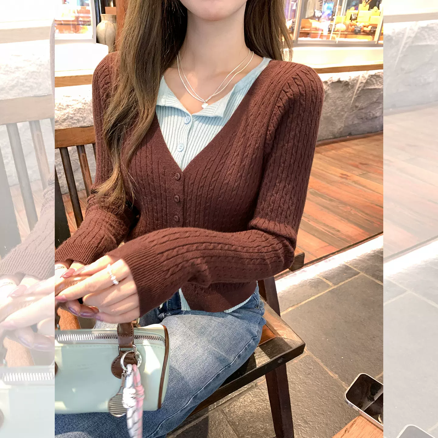 假两件拼接双层领长袖毛针织衫女2025早秋新款单排扣V领正肩上衣