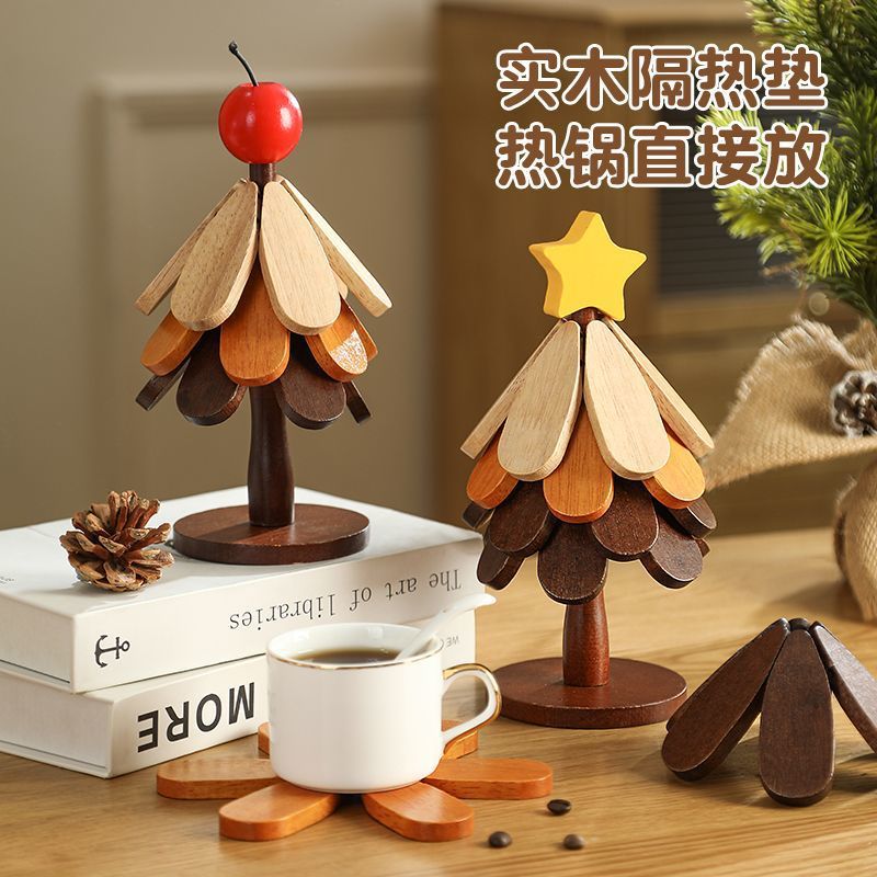 Heat Insulation Mat Solid Wood Dining Table Anti-Scalding Household Tree Coaster Bamboo Ornaments Christmas Tree Casserole Meal Folding