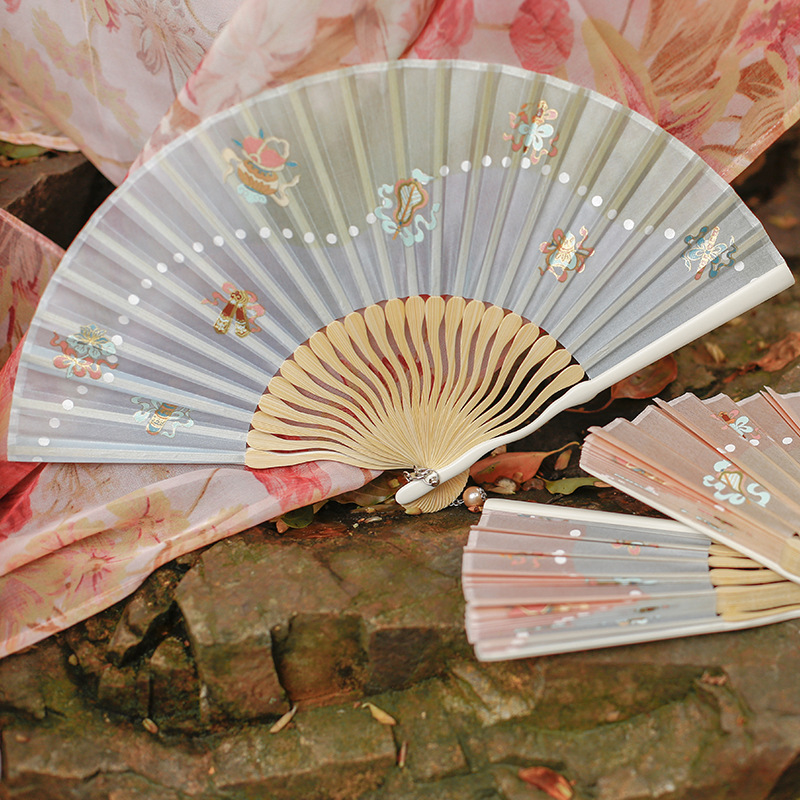 Lao Changmen[Eight Immortals Auspicious]Summer Suzhou Retro Style Hanfu Girl Heart Fan Folding Fan Chinese Fan Shape