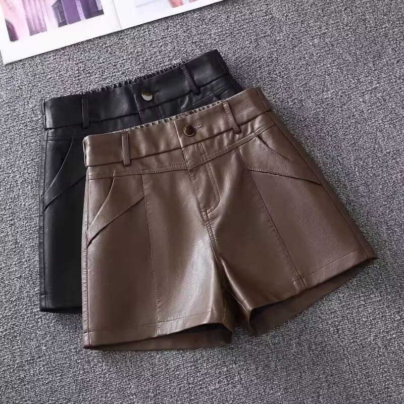 咖色PU皮裤短裤女秋冬季2025新款高腰黑色显瘦a字裤百搭阔腿靴裤