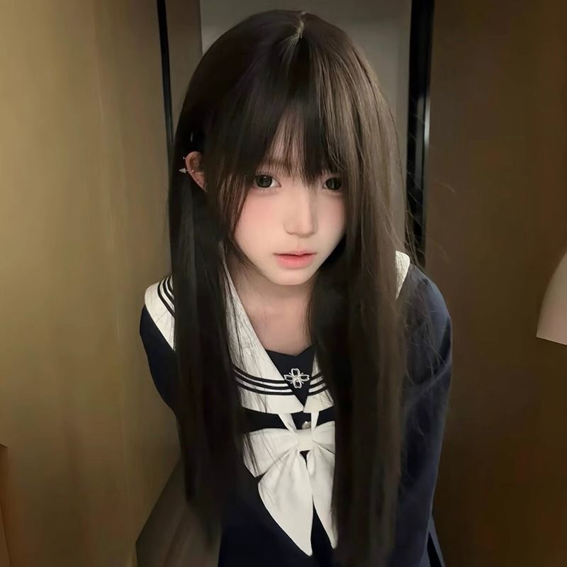 Full Wig for Women with Black Long Straight Hair, Artificial Hair, Air Bangs, Fluffy and Natural Daily Full Wig Hair Cover