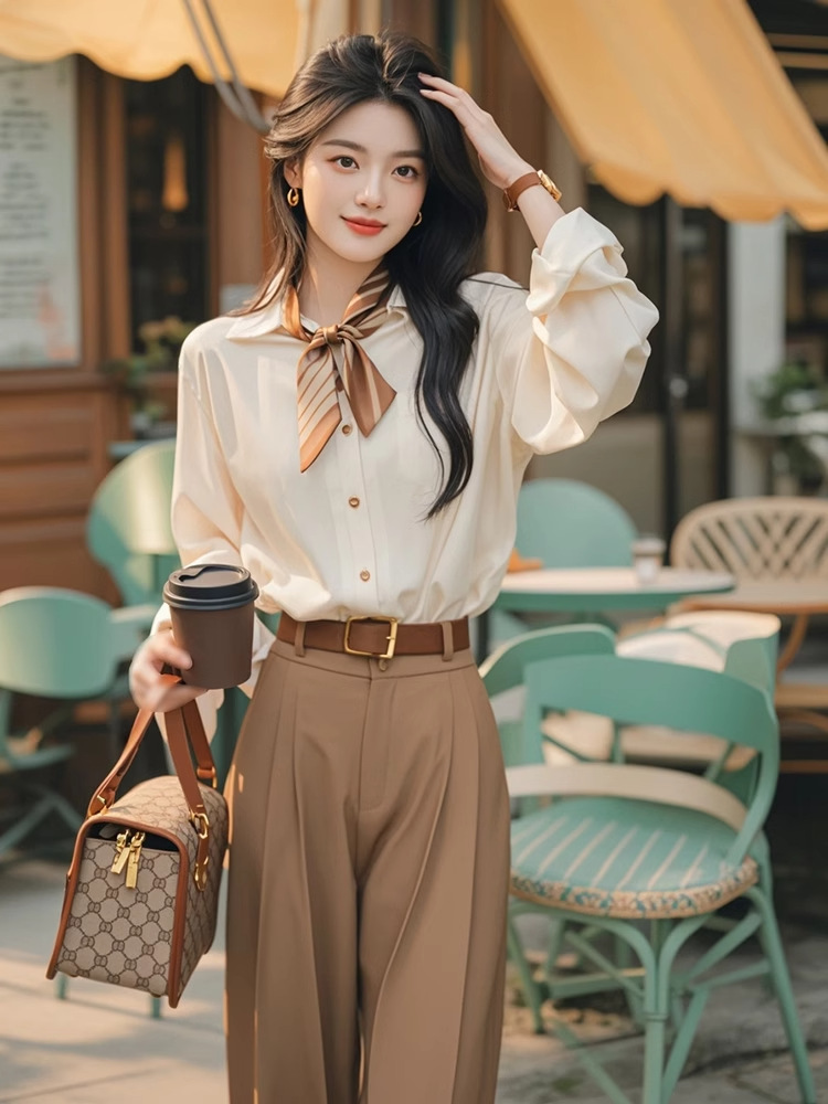 GraceChic 2025 Spring And Autumn Korean Version Ins Simple Apricot Long Sleeve Shirt Wide Leg Two-Piece Women's Professional Suit_voghion.com