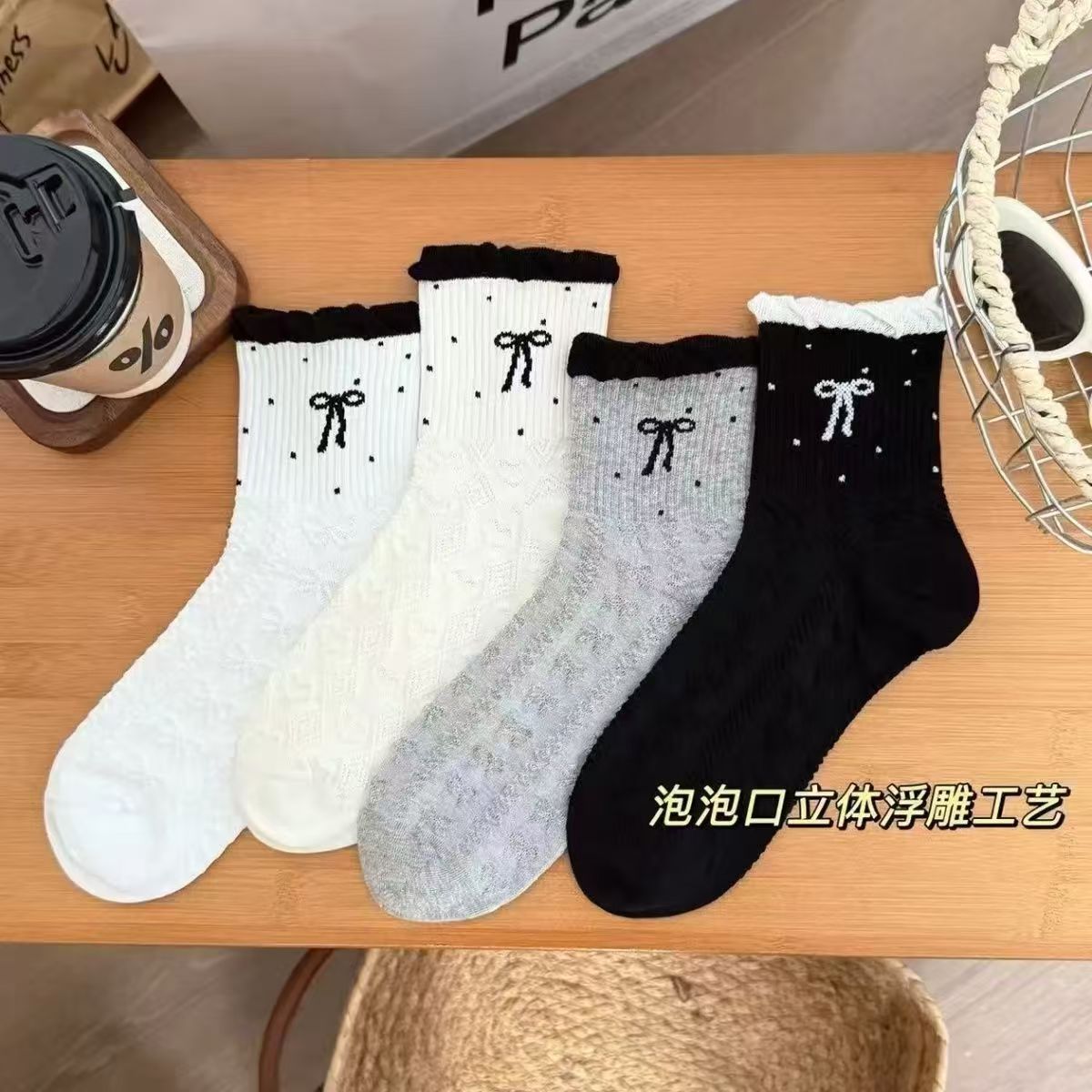 春夏新款蝴蝶結浮雕泡泡口網紅中筒花邊堆堆襪學生ins襪子