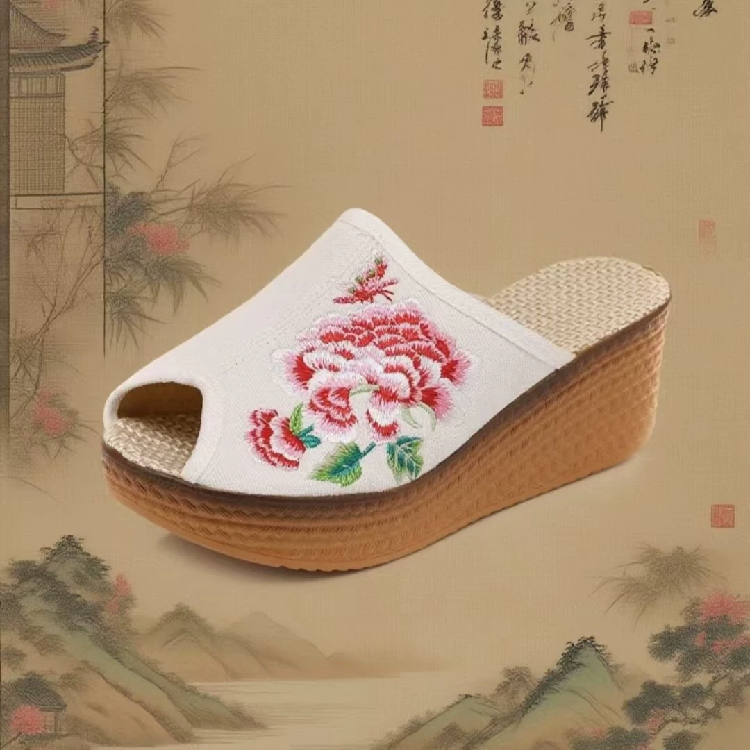 Summer wedge slide sandals women, 5.8 cm heel, embroidered upper — multi colors, sizes 35–41