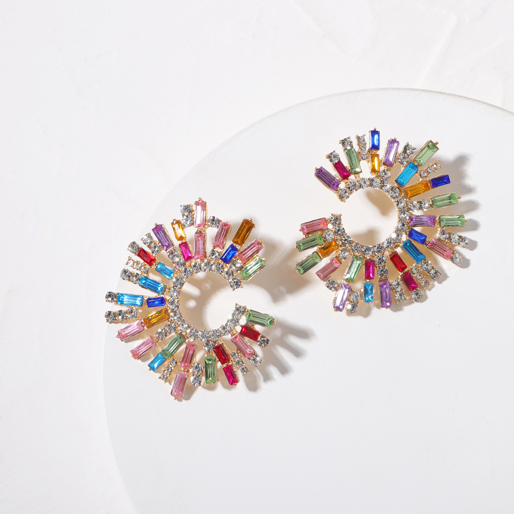 New geometric alloy earrings inlaid with colored gemstones fashionable exaggerated earrings