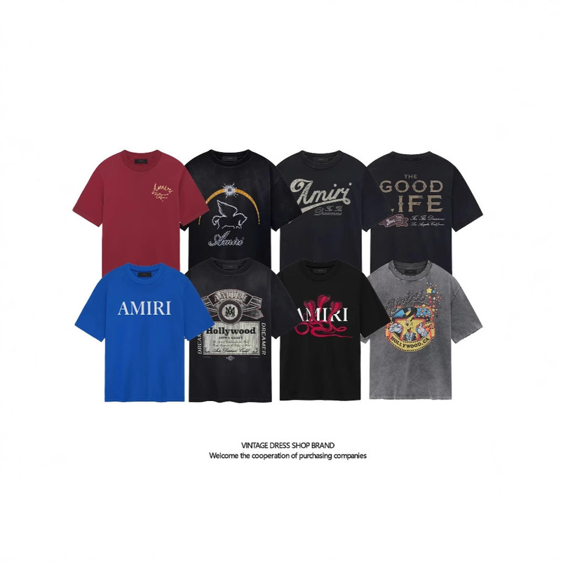 Dropshipping Cross-Border Supply Trendy Brand Short-Sleeve Amirit Shirt with Printed Vintage Wash Heavy-Duty Base Shirt for Men Dropshipping Cross-Border Supply Trendy Brand Short-Sleeve Amirit Shirt with Printed Vintage Wash Heavy-Duty Base Shirt for Men