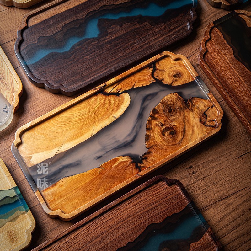 Estilo nórdico resina epoxi bandeja de té de Río yabei ébano madera maciza bandeja de tinta Placa de resina placa de madera bandeja de la olla