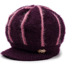 秋冬季提花女帽加绒加厚针织毛线帽带沿鸭舌帽保暖妈妈套头帽子冬