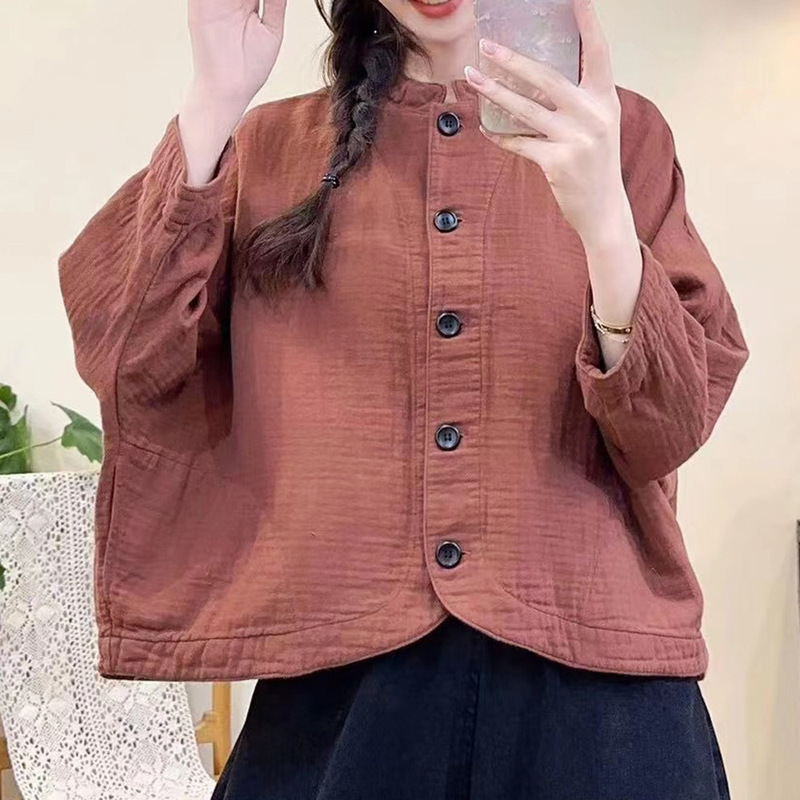 春秋季新款文艺双层肌理感棉纱外套女单排扣纯色立领开衫外套女|undefined