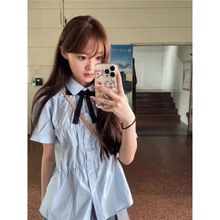 蓝色短袖衬衫女夏韩系学院风娃娃衫褶皱上衣设计感小众jk制服衬衣