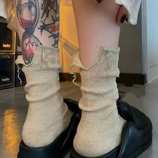 Loose back slit pile socks designer Japanese style artistic mid-calf retro niche tone women's socks simple