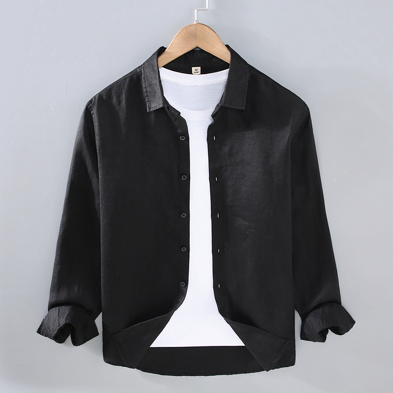 Chemise en pur lin haut de gamme pour hommes, chemise à revers décontractée, surdimensionnée, ample et polyvalente, vêtements tendance, printemps et été_voghion.com