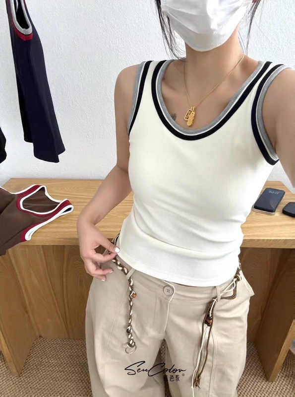 A118#夏季新款纯欲U领撞色拼接背心修身女一体式带胸垫百搭上衣|undefined
